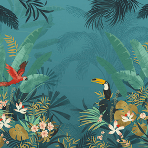 A tropical forest with birds and flowers.