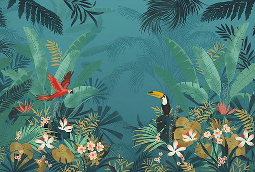 A tropical forest with birds and flowers.