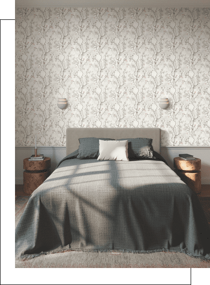 A bed room with a white and green wallpaper