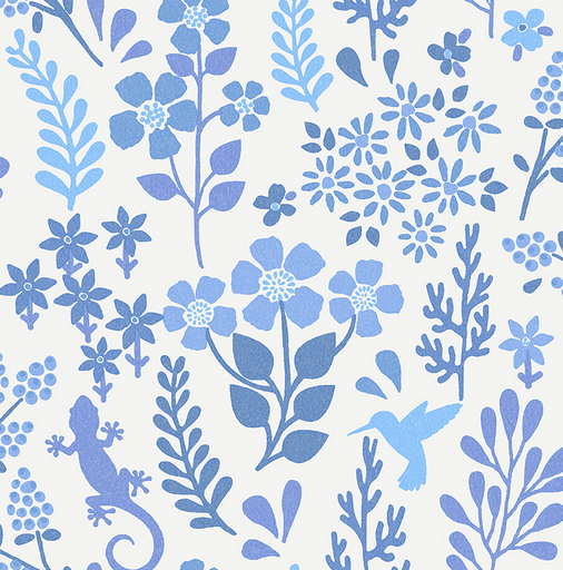 Blue floral pattern with hummingbird and gecko.