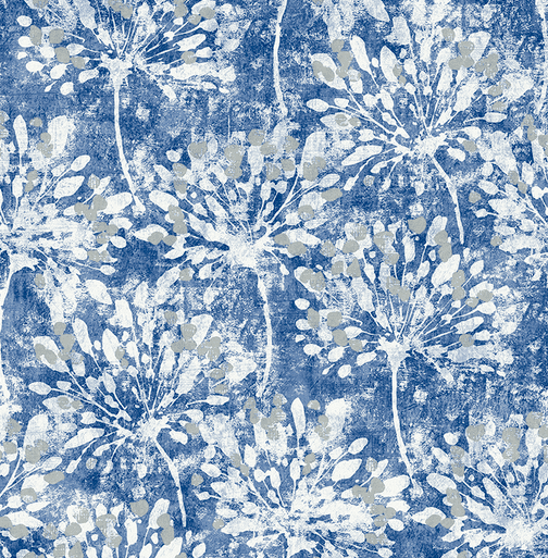 Blue background with white dandelion print.