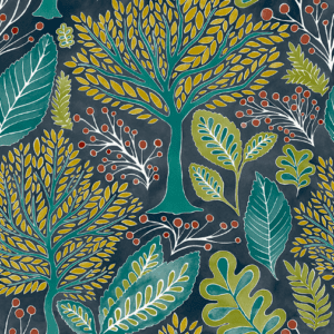 Teal and gold stylized forest pattern.