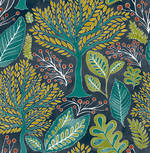 Teal and gold stylized forest pattern.