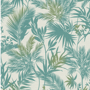 Teal tropical palm leaf wallpaper pattern.