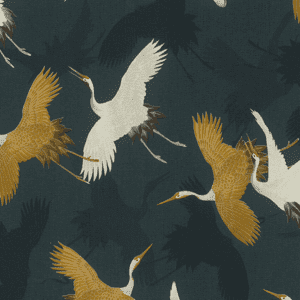 Gold and white cranes on dark blue.