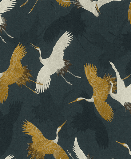 Gold and white cranes on dark blue.