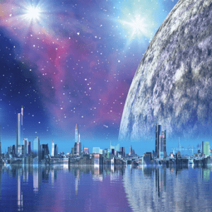 Futuristic city by a giant moon.