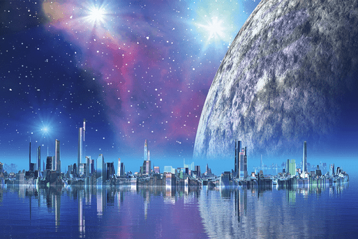 Futuristic city by a giant moon.