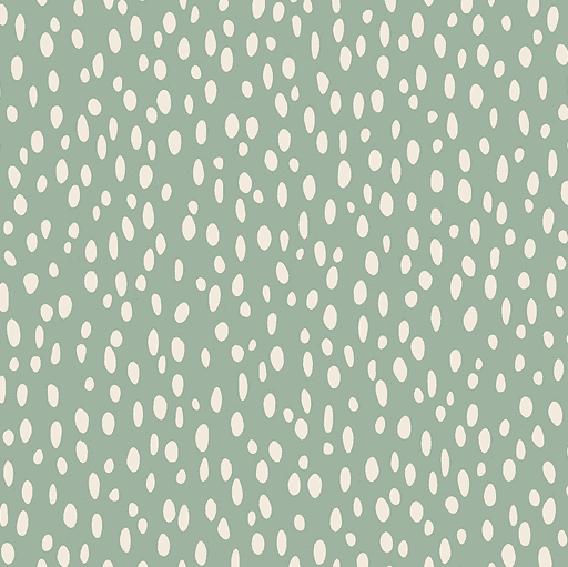 Sage green background with white dots.