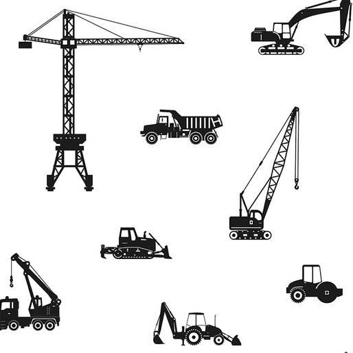 Construction vehicles and equipment.