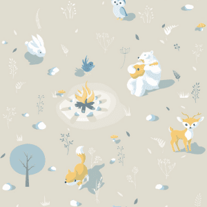 Cute woodland animals around campfire.