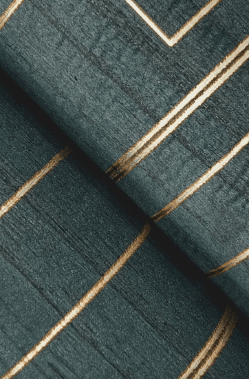 Dark teal wallpaper with gold stripes.