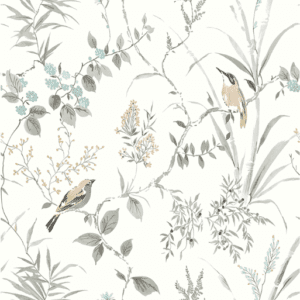 Floral wallpaper with birds in grey.