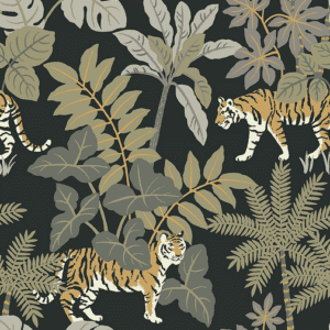 Tigers and tropical leaves on black.