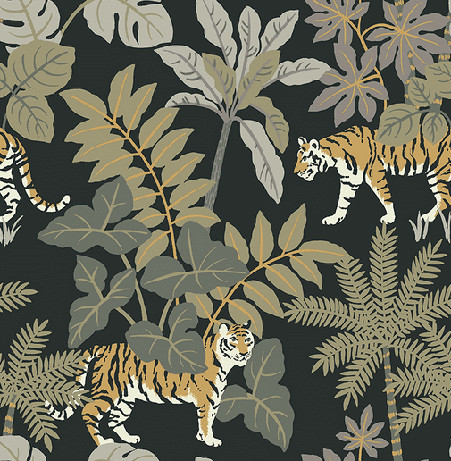 Tigers and tropical leaves on black.