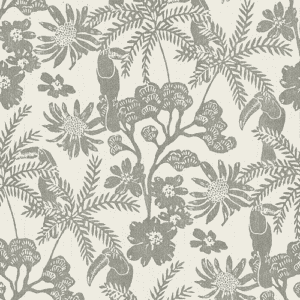 Gray toucans and floral wallpaper.