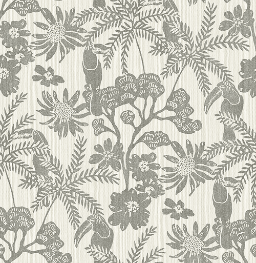 Gray toucans and floral wallpaper.