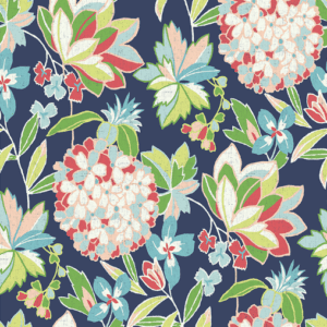 Navy floral fabric, vibrant blooms.