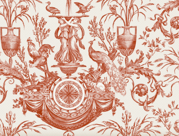 Red toile pattern with birds and peacocks.