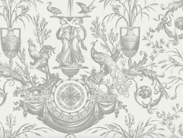 Ornate grey and white damask pattern.