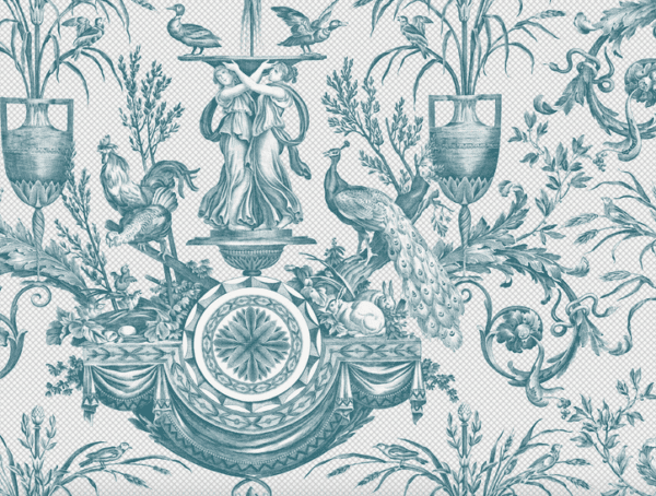 Teal blue toile with birds and peacocks.