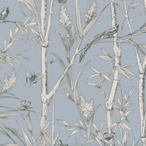 Blue bamboo wallpaper with birds and butterflies.