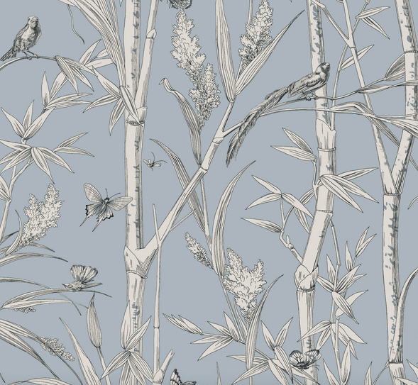 Blue bamboo wallpaper with birds and butterflies.