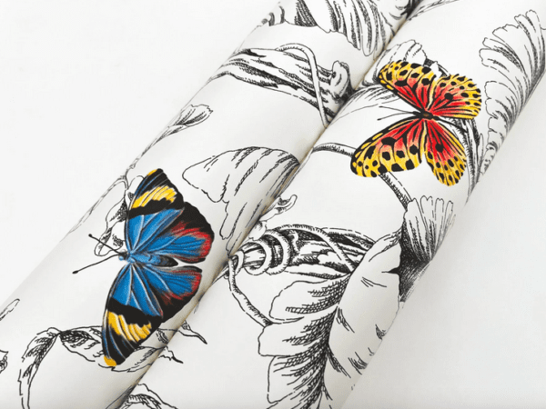 Floral wallpaper with colorful butterflies.