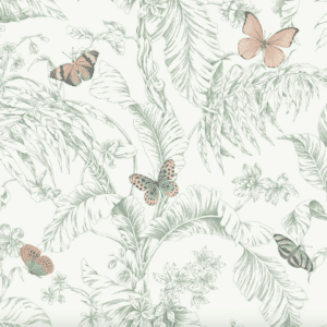 Green botanical print with butterflies.