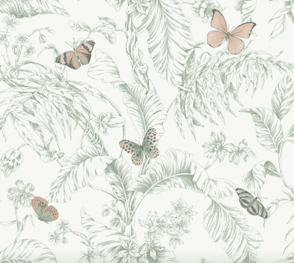 Green botanical print with butterflies.