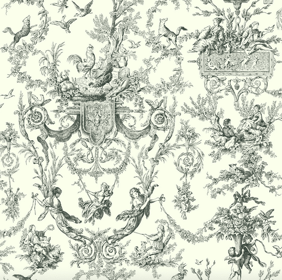 Black and white toile fabric pattern.