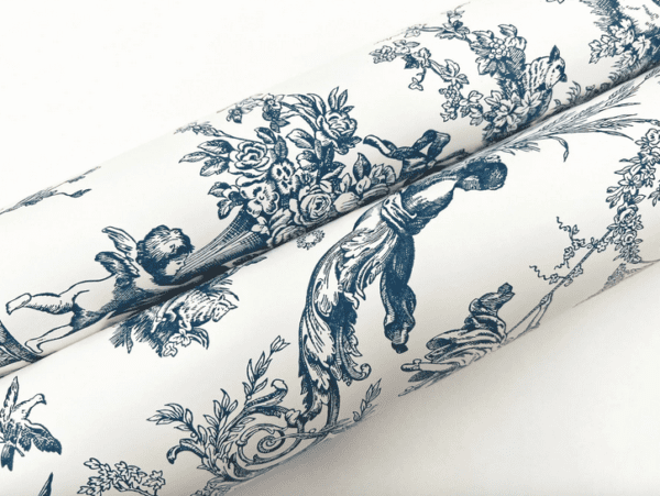 Navy blue toile wallpaper roll.