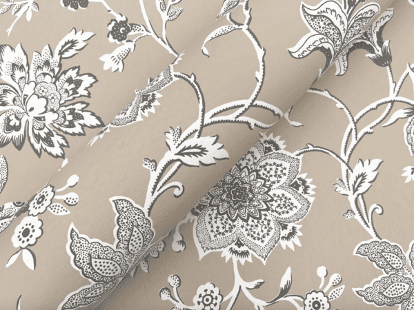 Beige fabric with black and white floral pattern.