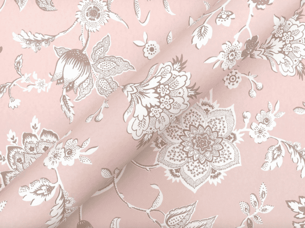 Pink floral fabric with taupe accents.