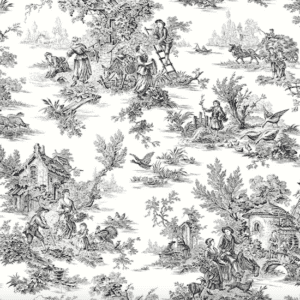 Black and white toile fabric pattern.