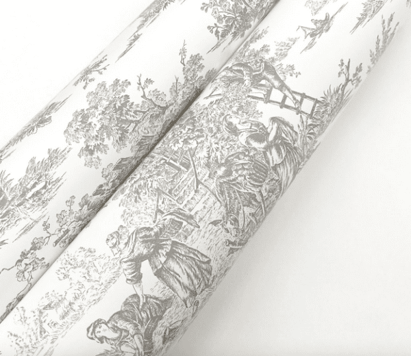 Gray toile wallpaper rolls.