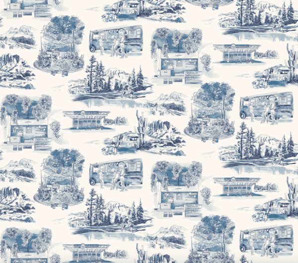 Blue vintage travel bus pattern.