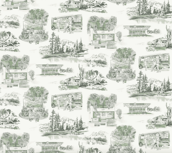 Sage green vintage travel bus pattern.