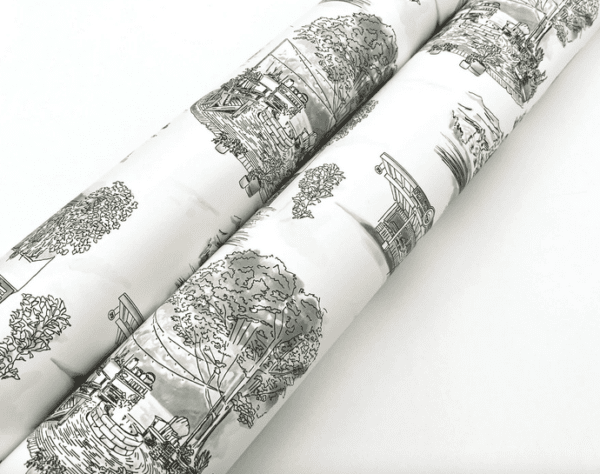 Black and white scenic wrapping paper.