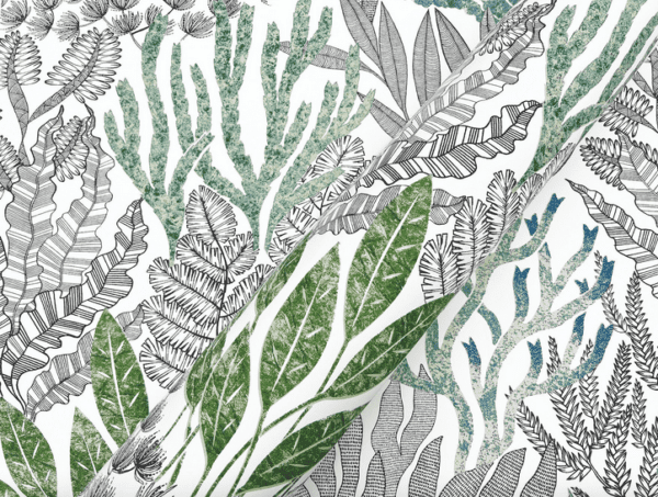 Green and black botanical textile print.