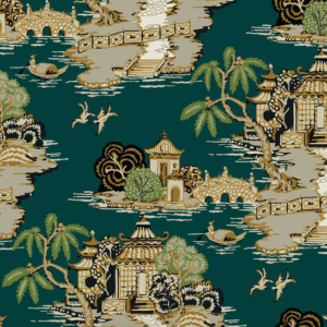 Teal Chinoiserie pagoda landscape pattern.