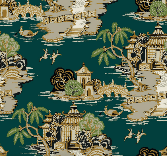 Teal Chinoiserie pagoda landscape pattern.