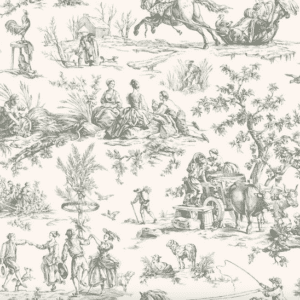 Gray toile pastoral scene wallpaper.