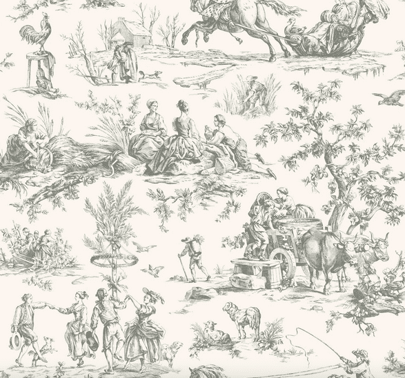 Gray toile pastoral scene wallpaper.