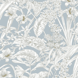 White floral pattern on blue background.