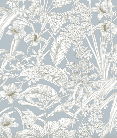 White floral pattern on blue background.