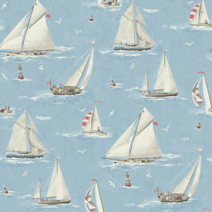 Blue wallpaper with sailing ships.