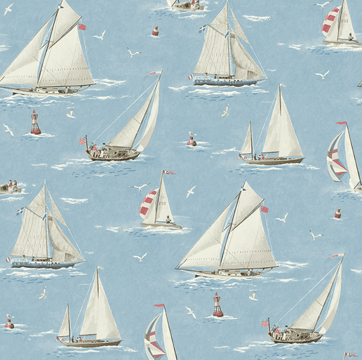 Blue wallpaper with sailing ships.