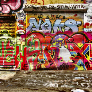 Colorful graffiti on metal shutters.