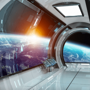Spaceship corridor with Earth view.